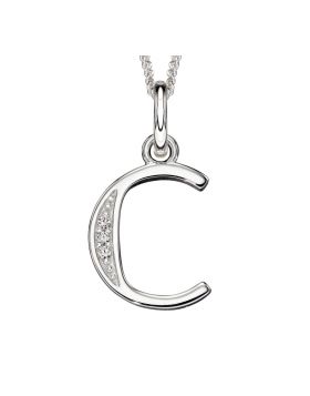 Silver initial 'C' pendant with diamonds on a white background