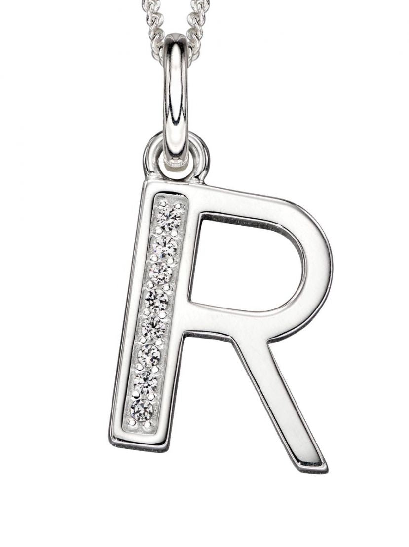 Silver necklace with a 'R' pendant on a white background