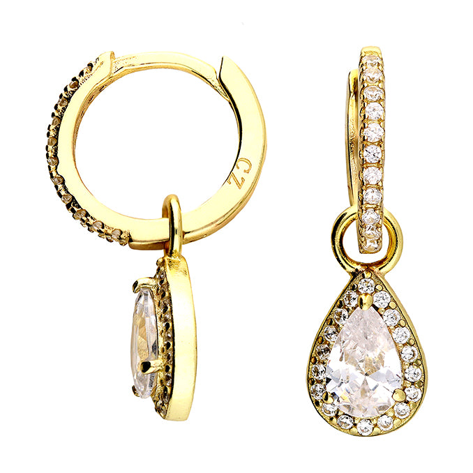 Sterling Silver Gold Plated Cubic Zirconia Huggie Earrings with Pear Shaped Cubic Zirconia Halo Drop