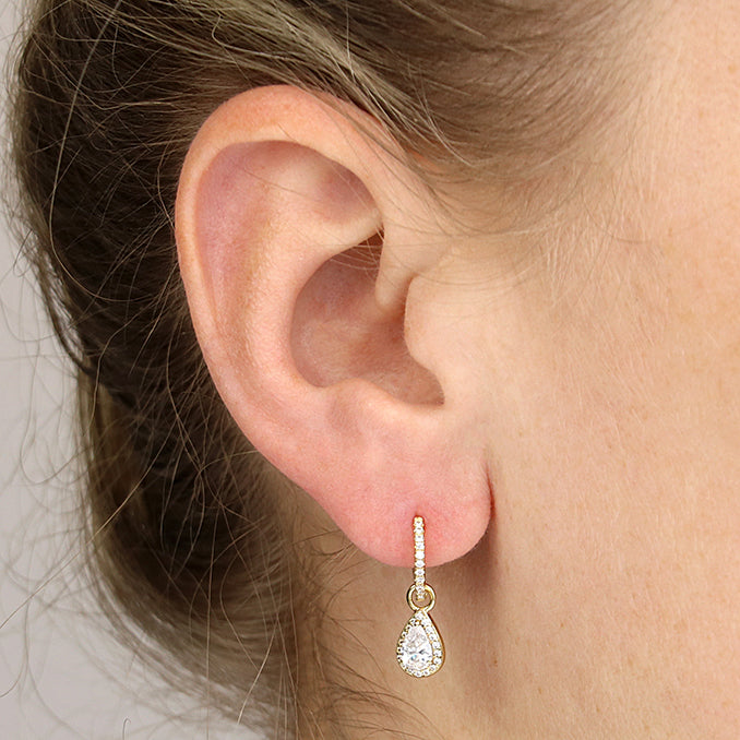 Sterling Silver Gold Plated Cubic Zirconia Huggie Earrings with Pear Shaped Cubic Zirconia Halo Drop in the ear