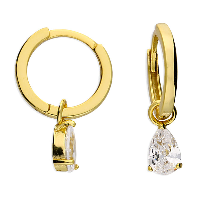 Sterling Silver Gold Plated Plain Huggie Earrings with Pear Shaped Cubic Zirconia Drop in the ear