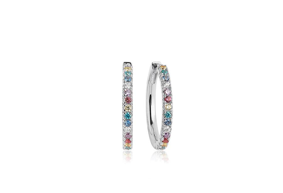 Pair of hoop earrings with multicolored gemstones on a white background
