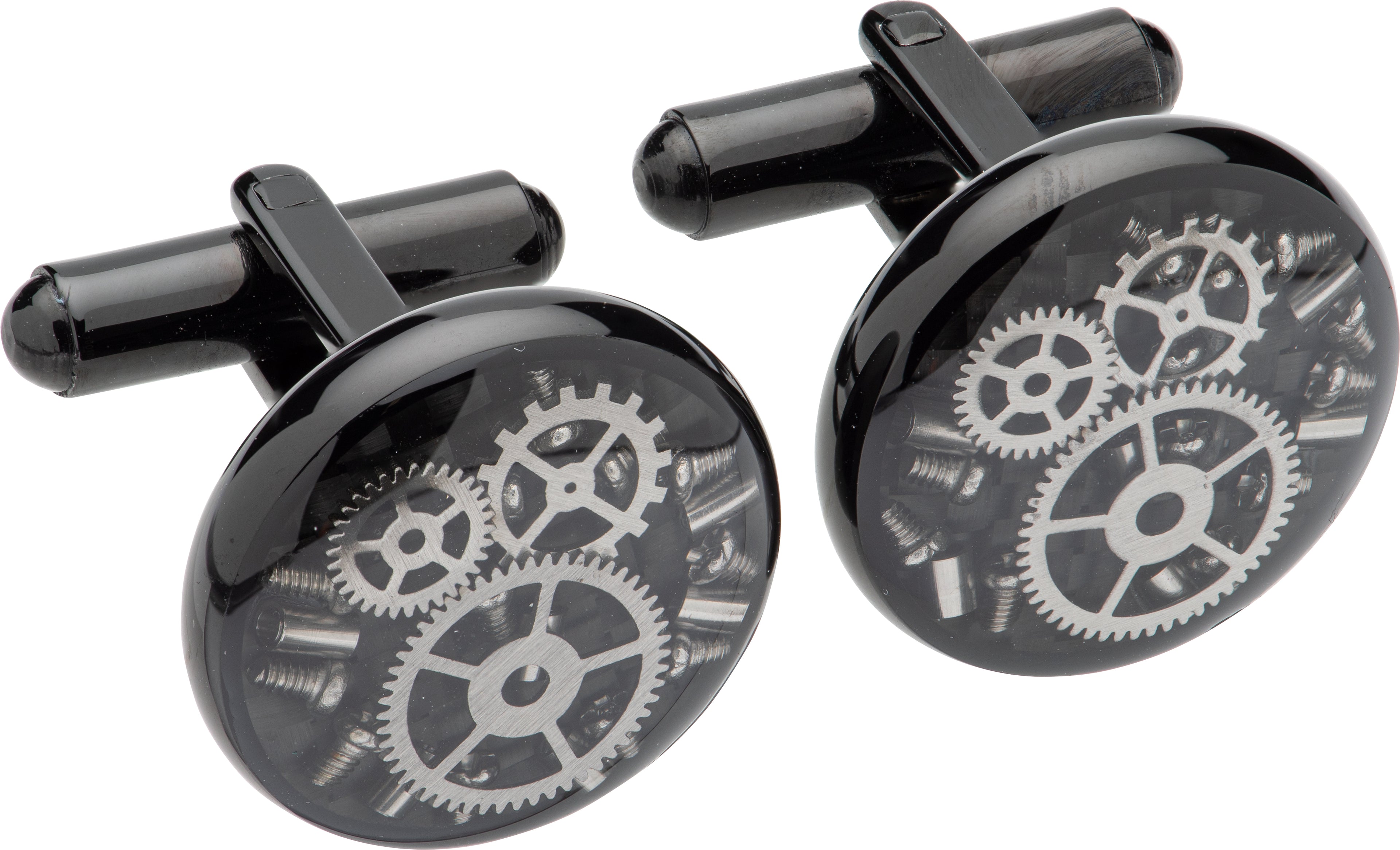 Black cufflinks with silver gear design on a white background