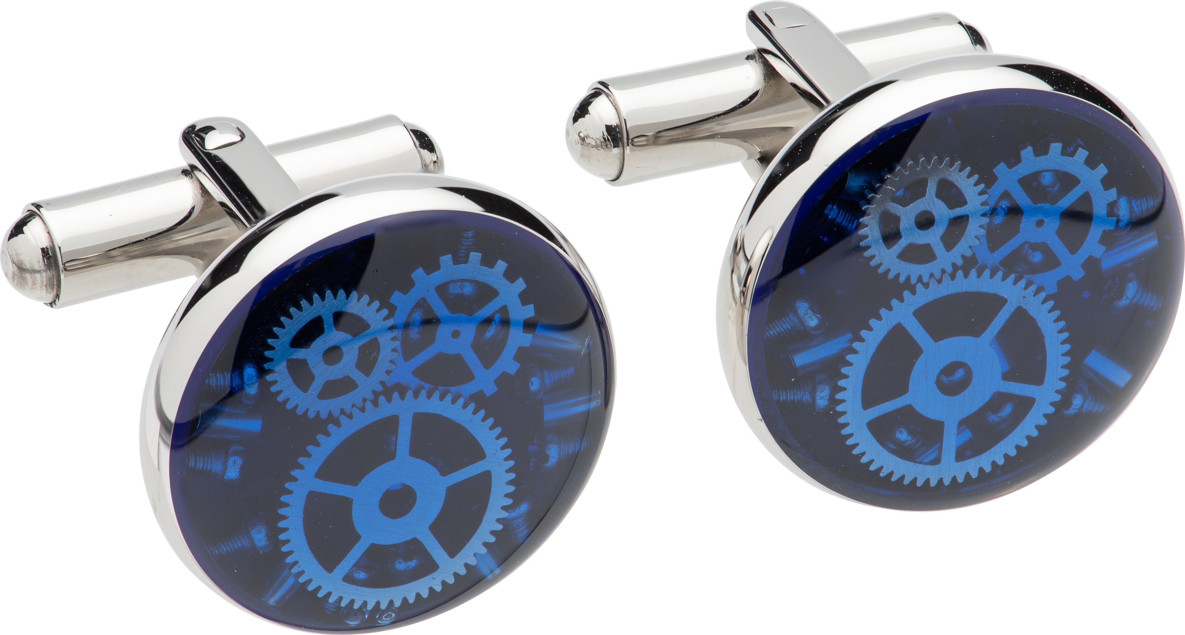 Cufflinks with blue gear design on a white background
