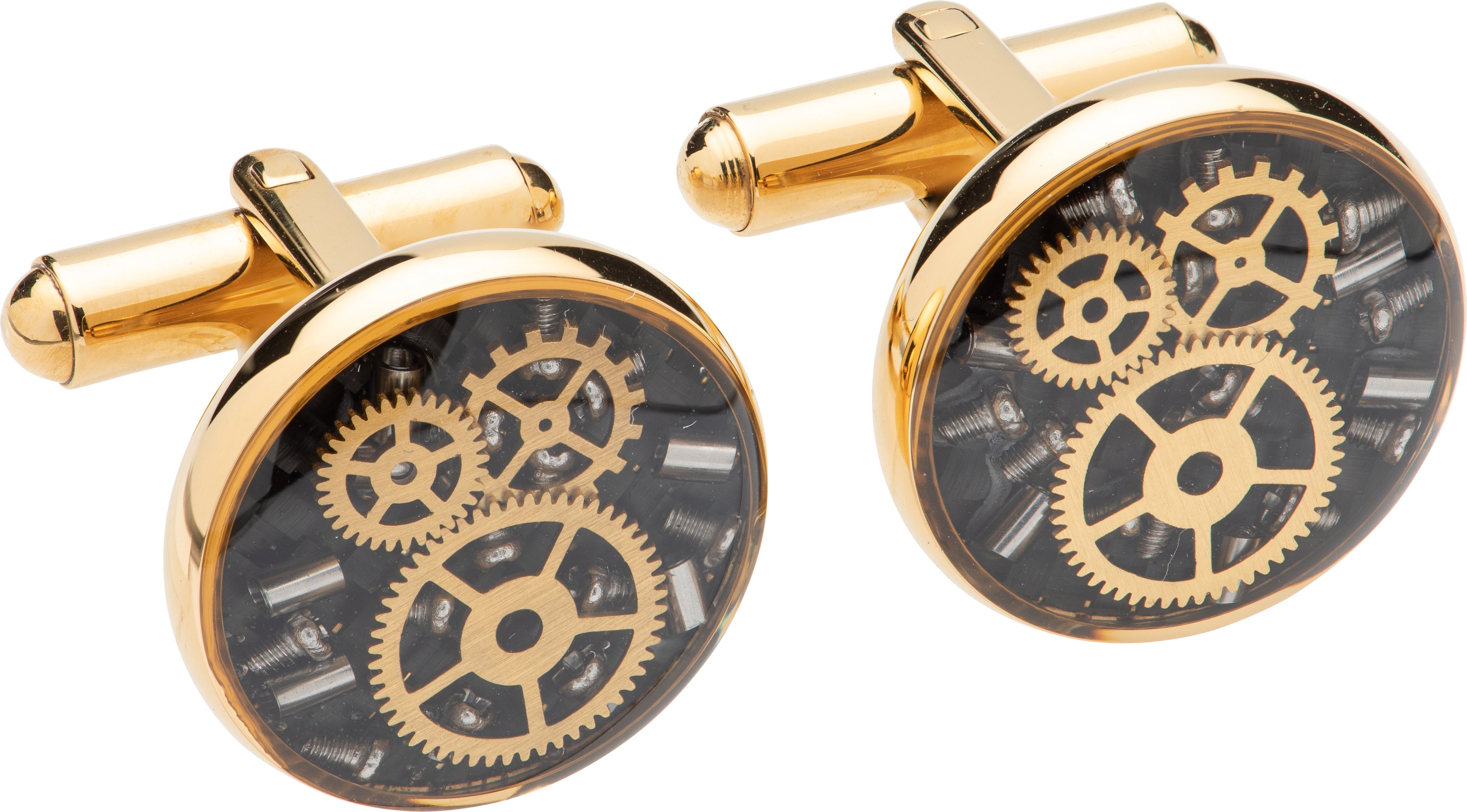 Gold and black gear-themed cufflinks on a white background
