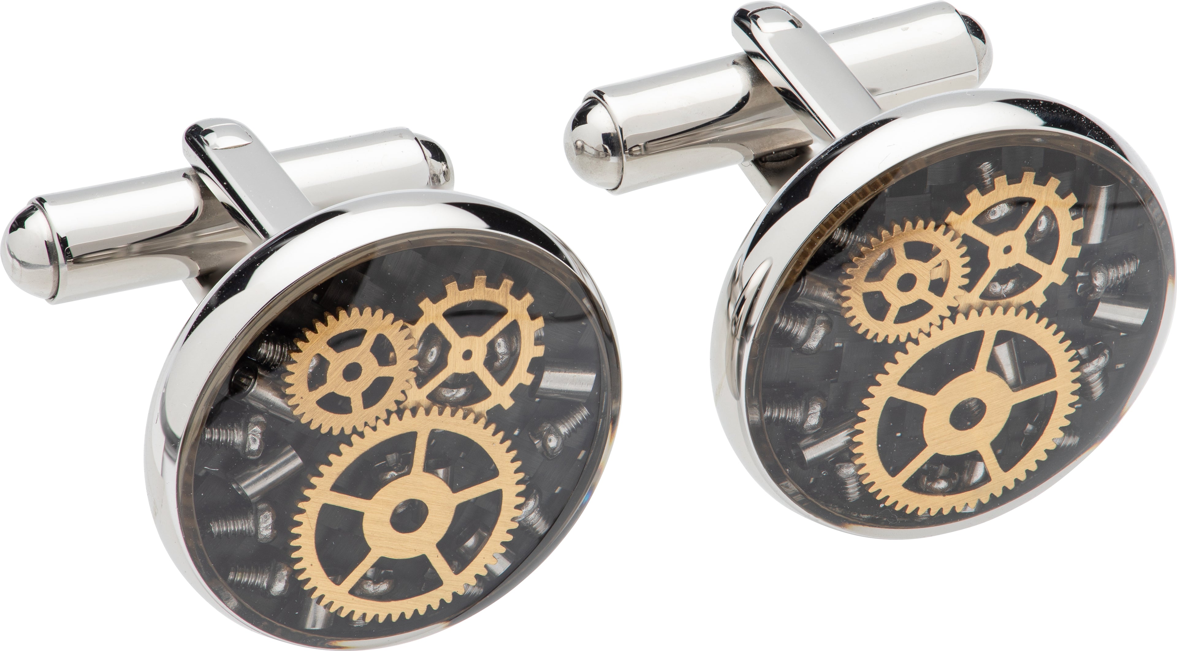 Cufflinks with gear design on a white background