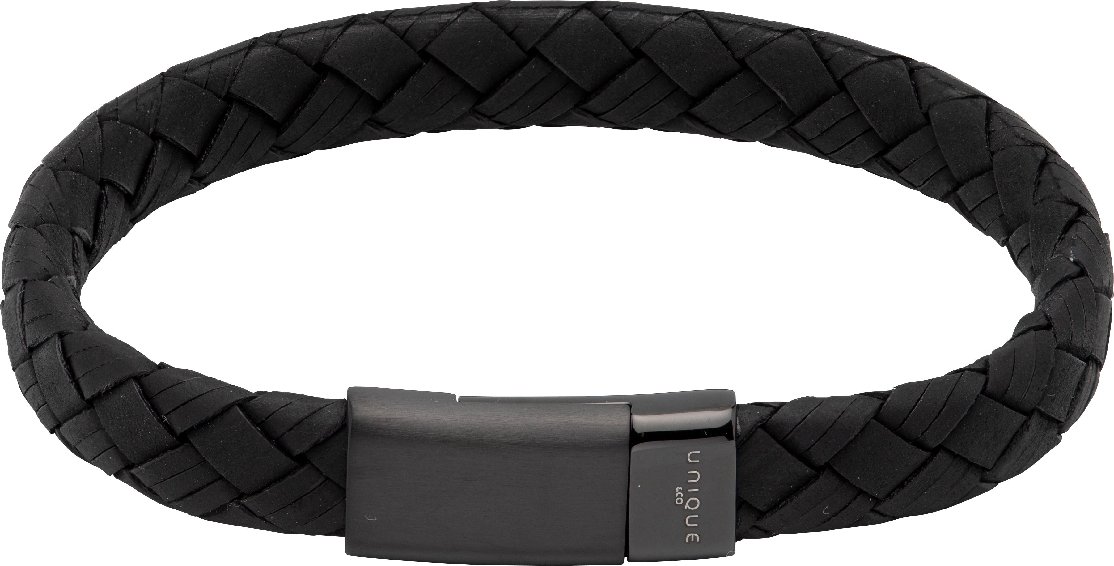 Black braided bracelet with a clasp on a white background