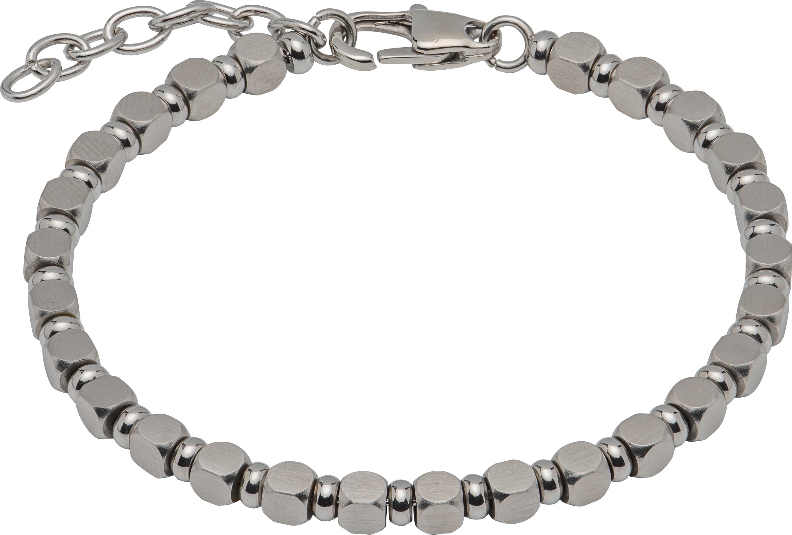 Silver beaded bracelet on a white background