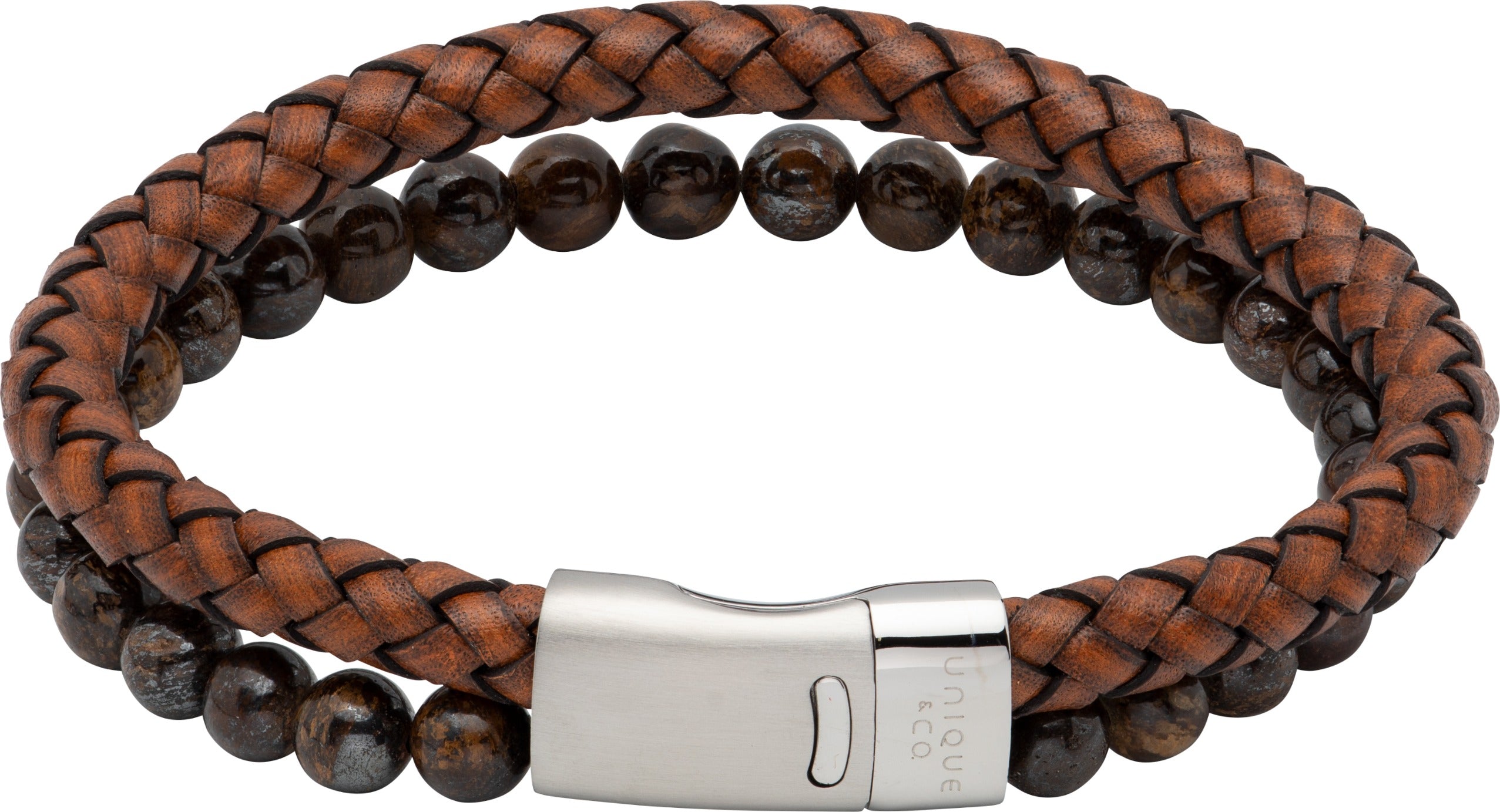 Brown braided leather and beaded bracelet with a silver clasp on a white background