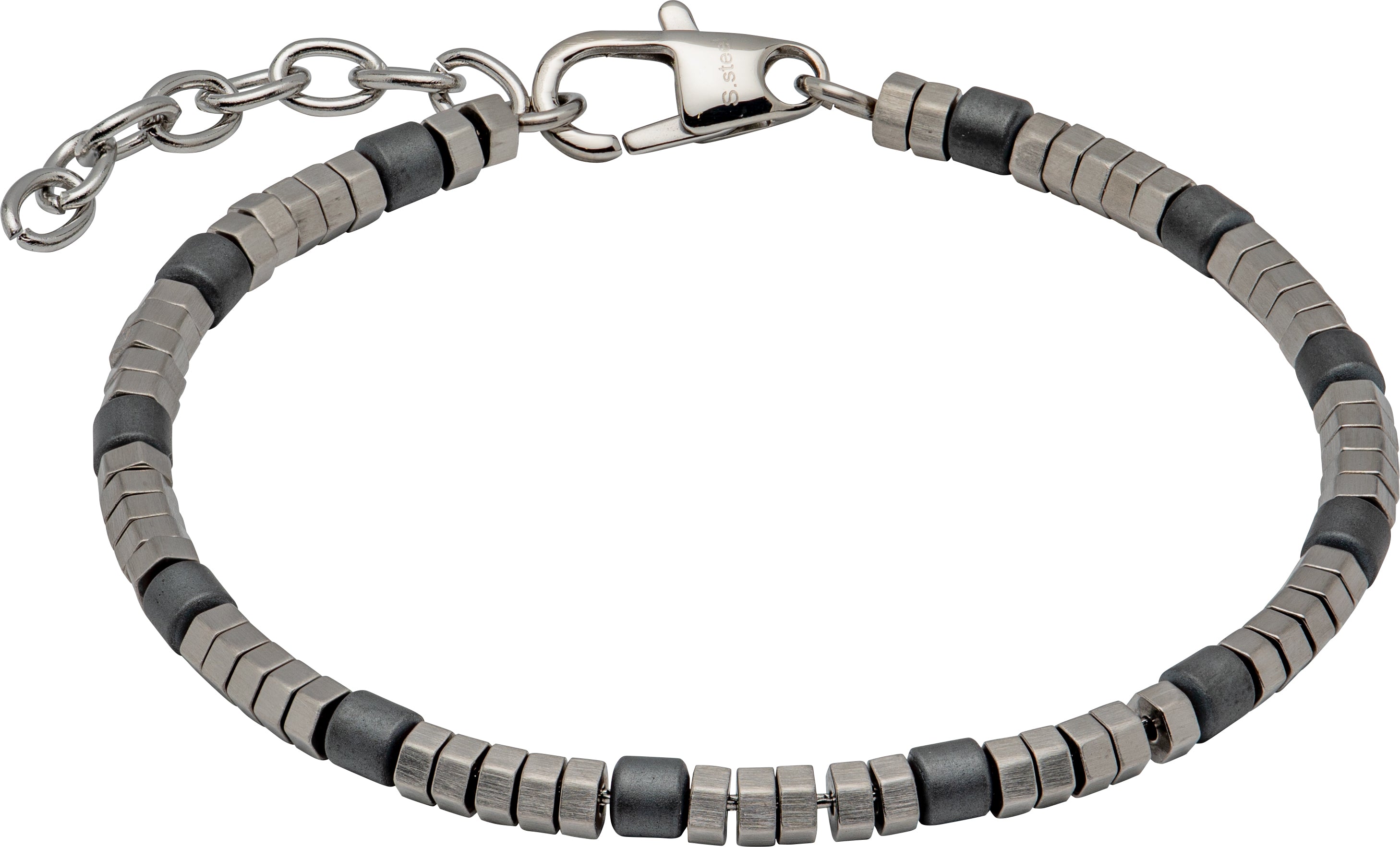 Gray and black beaded bracelet with a clasp on a white background