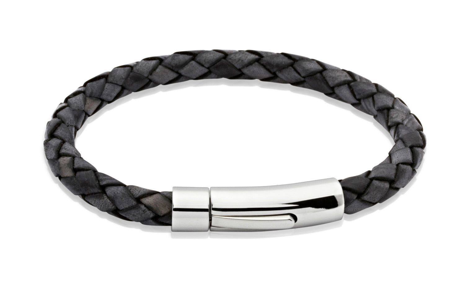 Black braided leather bracelet with a silver clasp on a white background