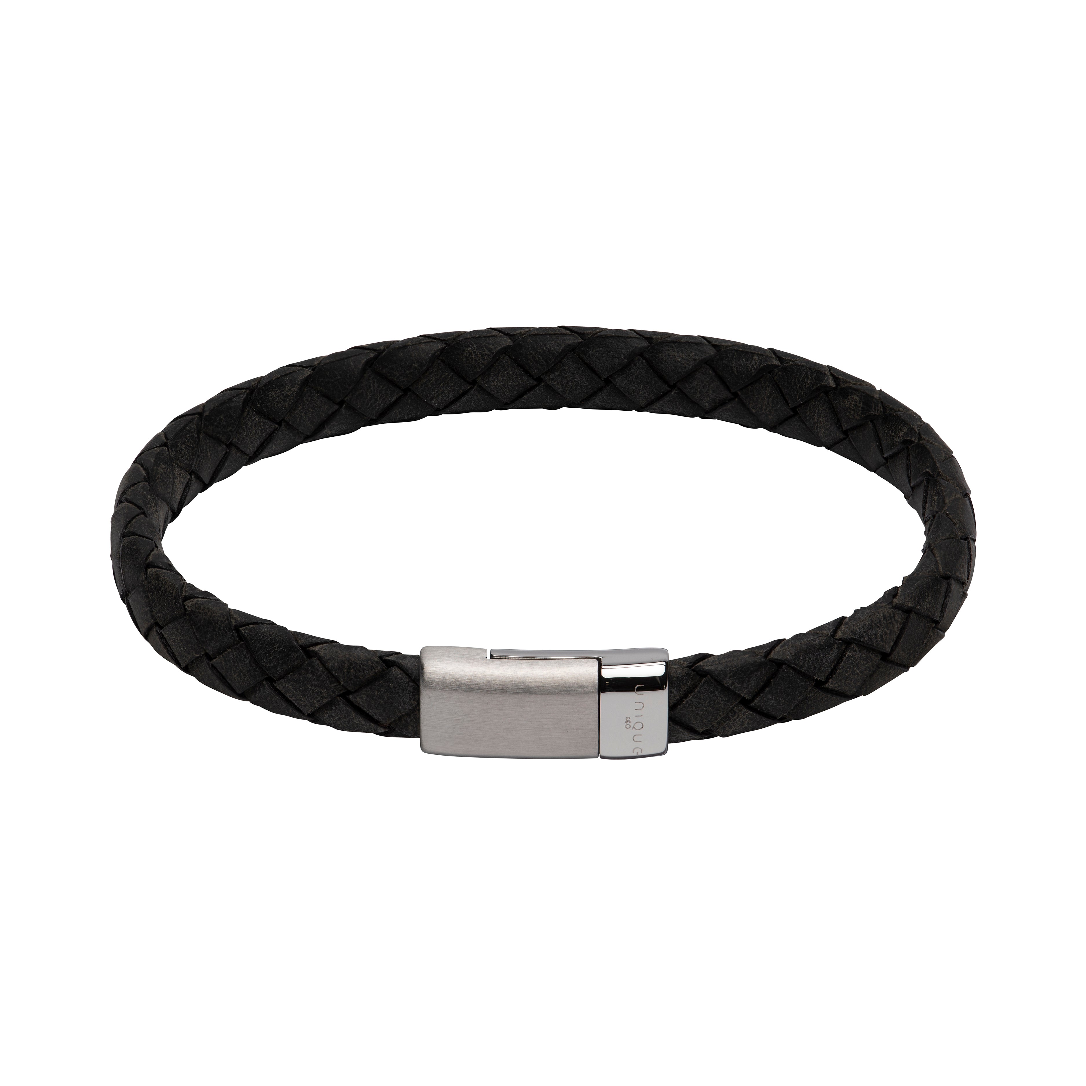 Black braided leather bracelet with a silver clasp on a white background