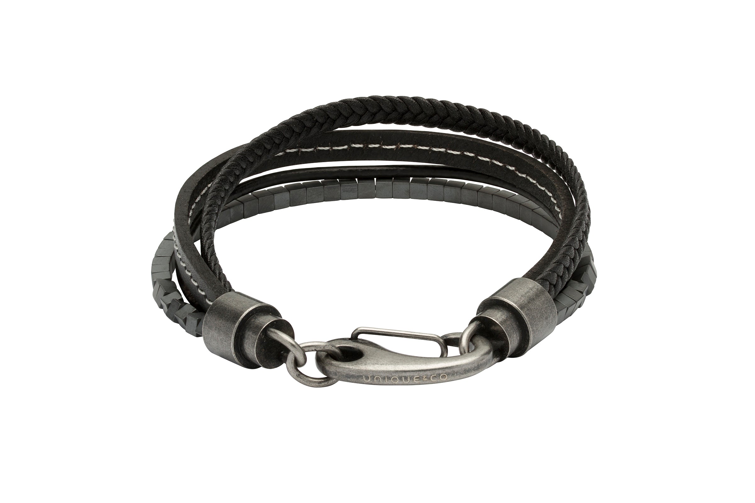 Black braided leather bracelet with metal clasp on a white background