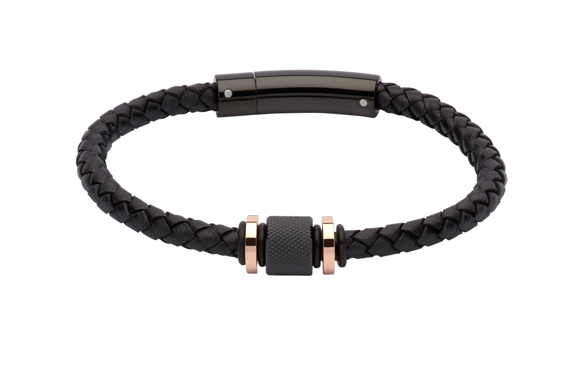 Black braided bracelet with rose gold accents on a white background