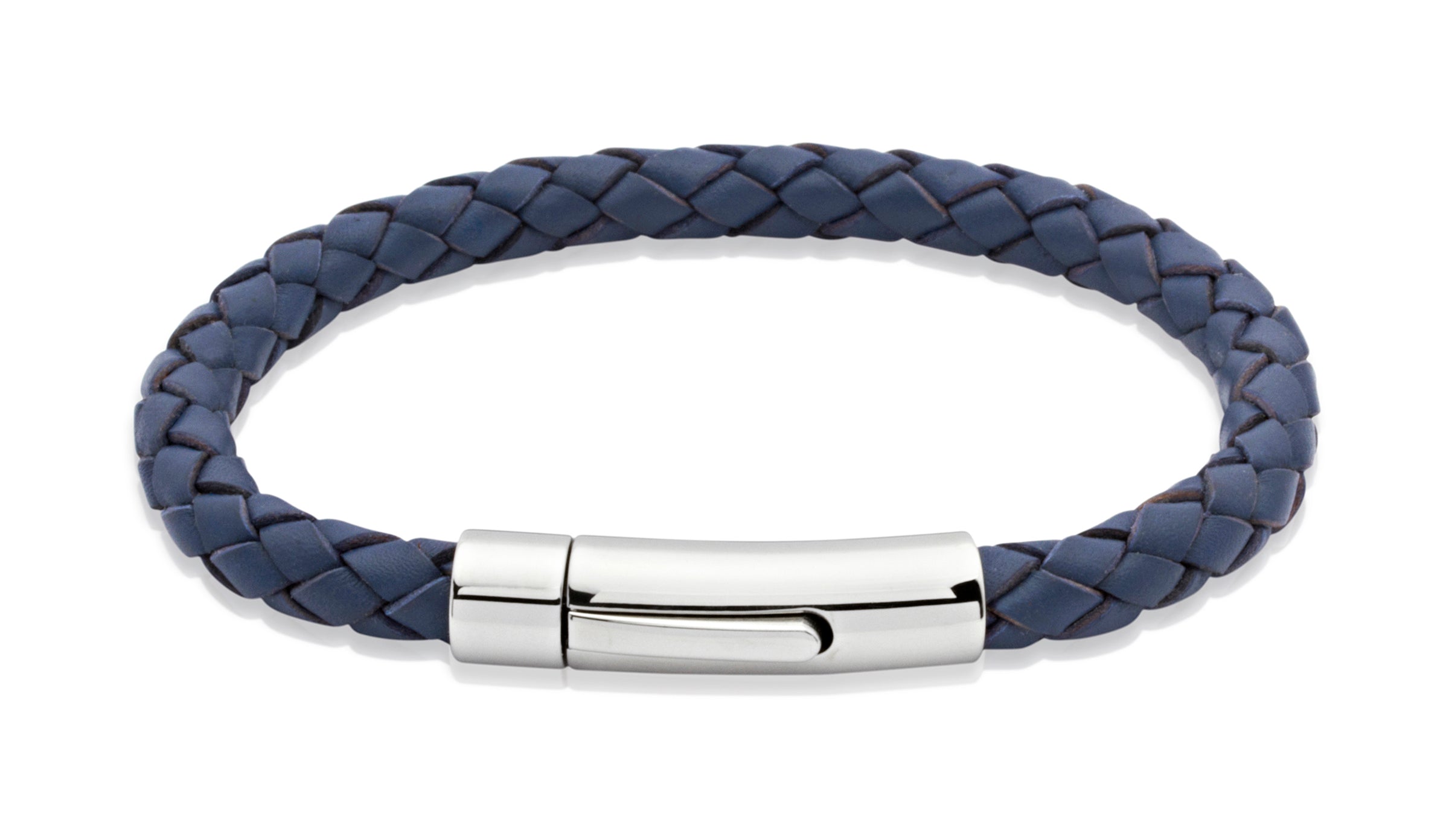 Blue braided leather bracelet with a silver clasp on a white background