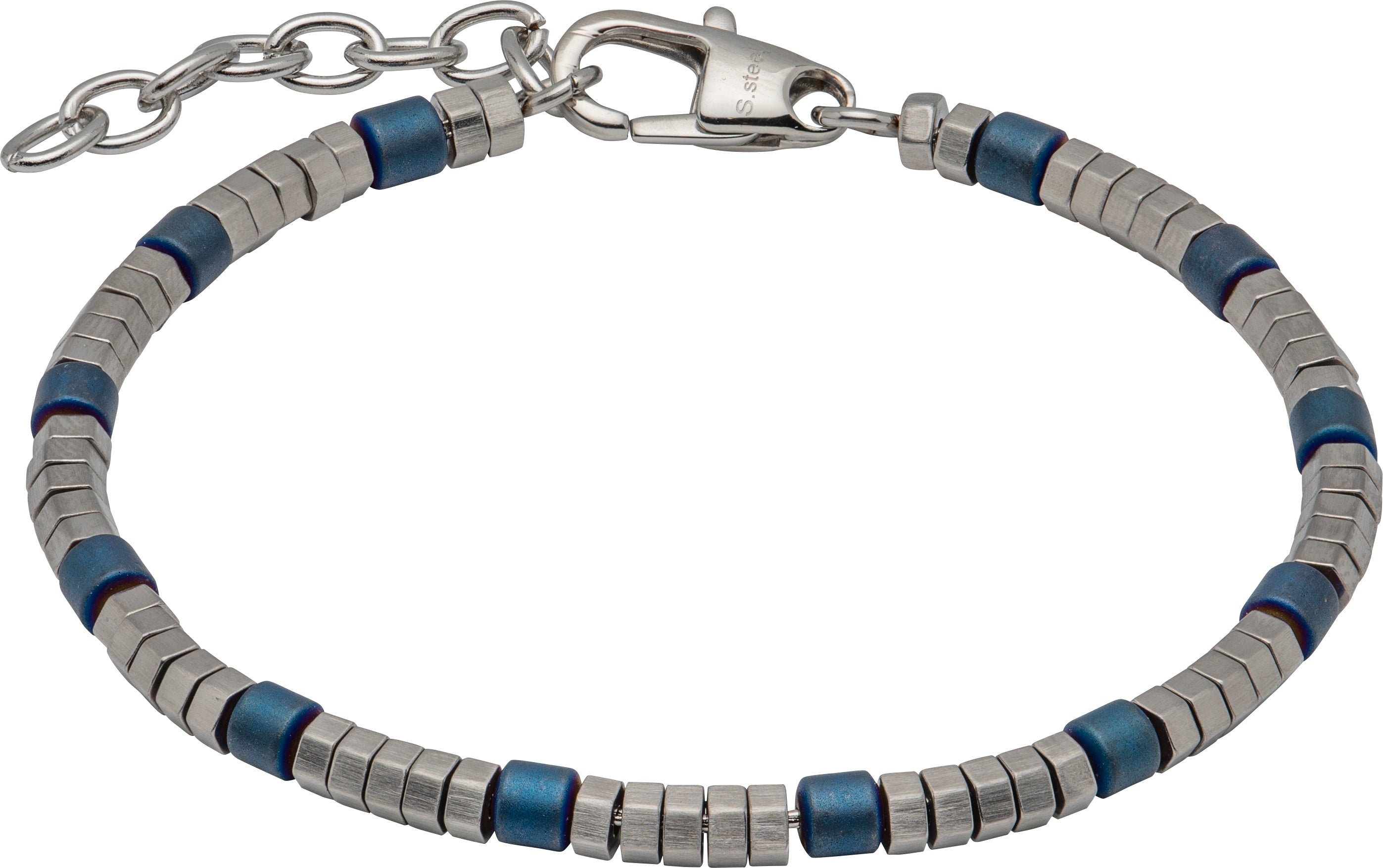 Bracelet with blue and silver beads on a white background