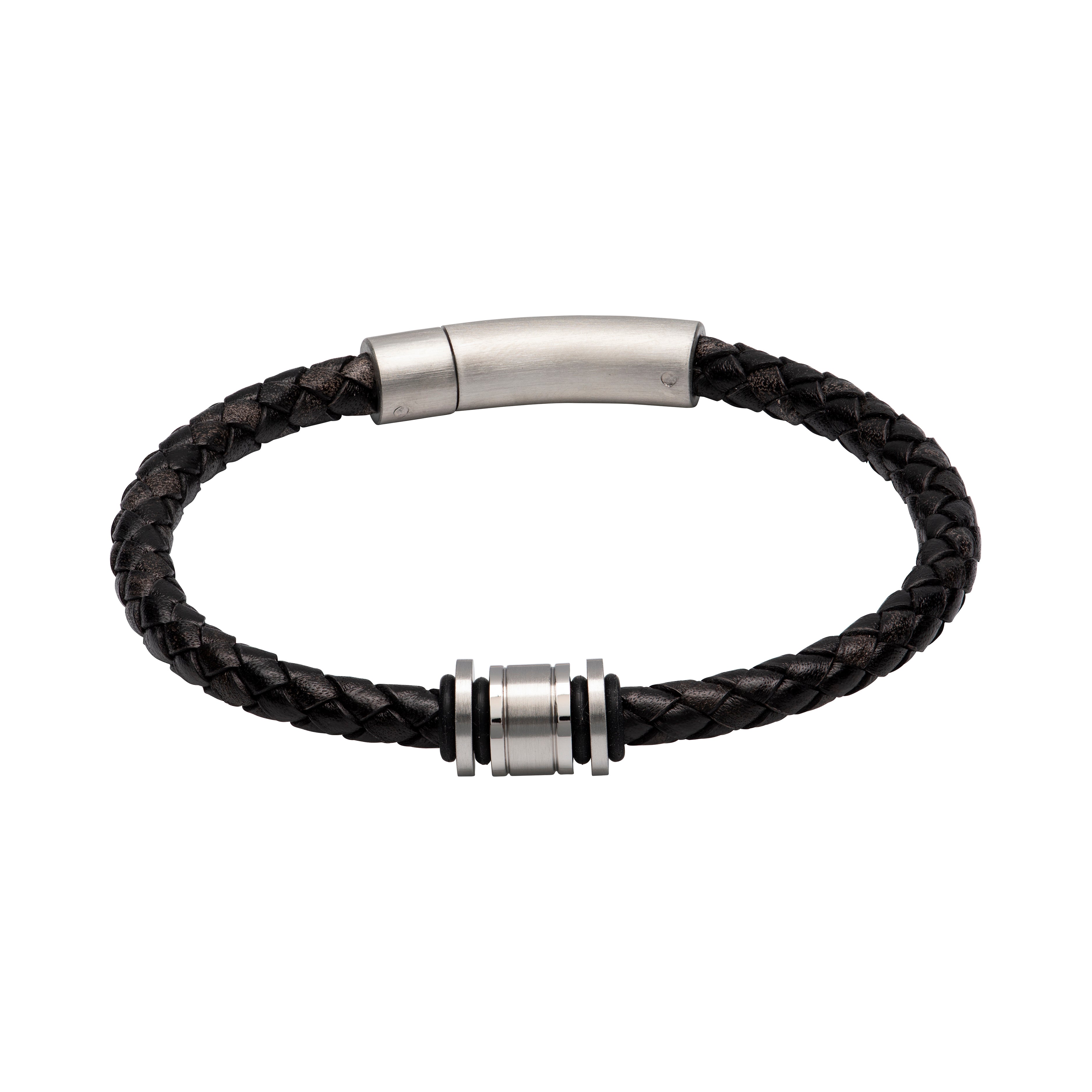 Black braided leather bracelet with silver metal clasp on a white background