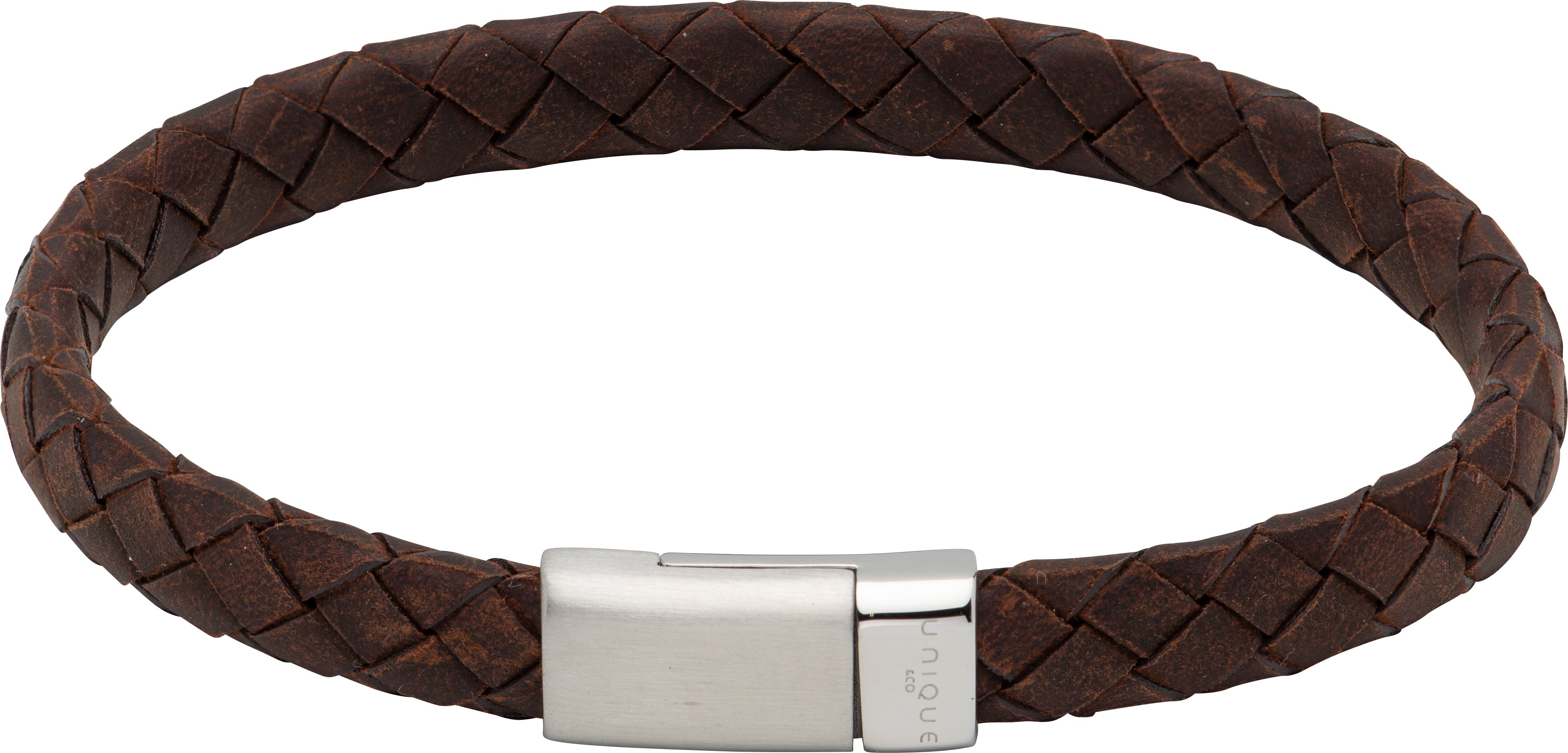 Brown braided leather bracelet with a silver clasp on a white background