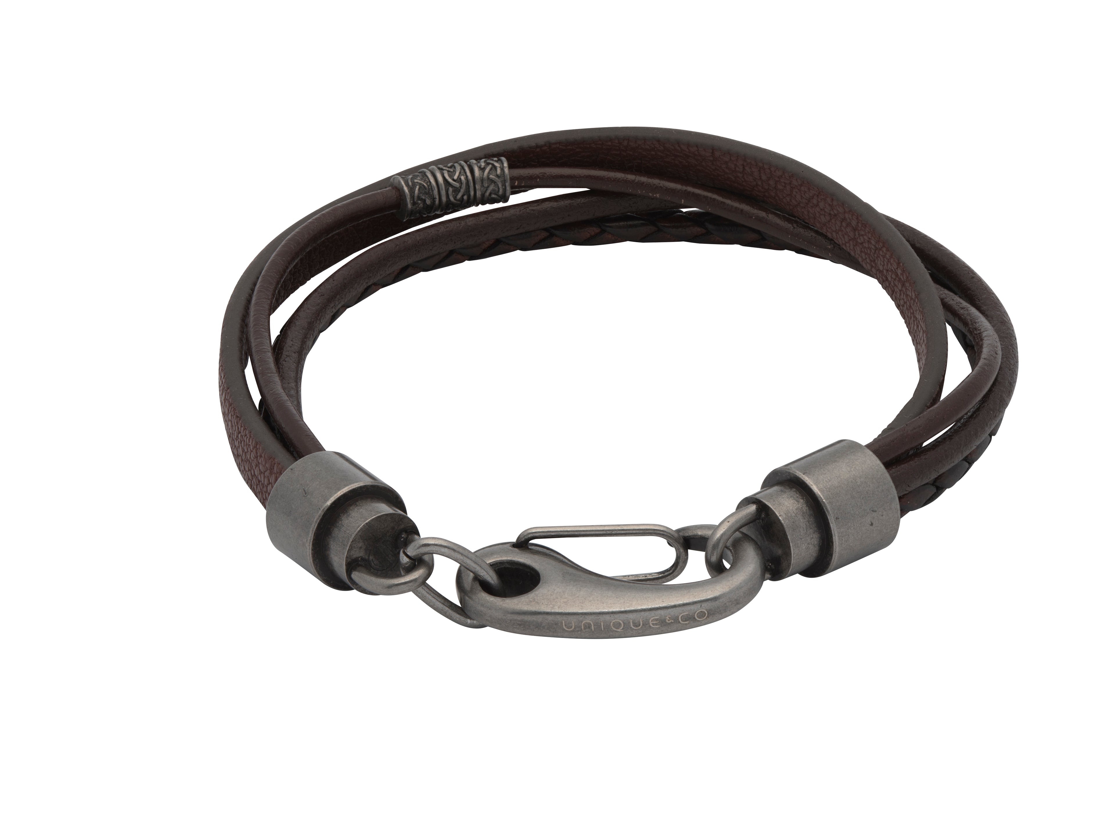 Black leather bracelet with silver clasp on a white background
