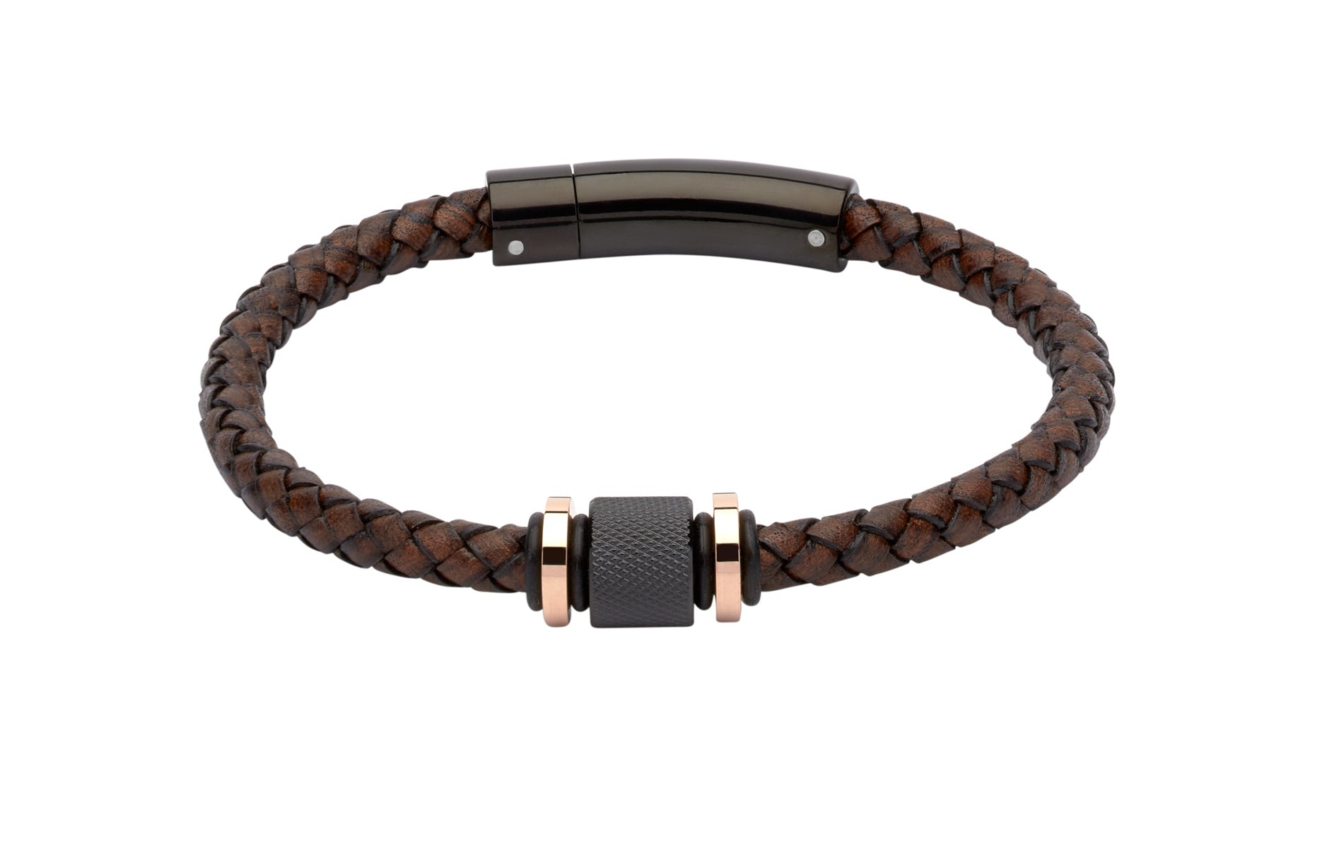 Brown braided leather bracelet with black and rose gold metal clasp on a white background