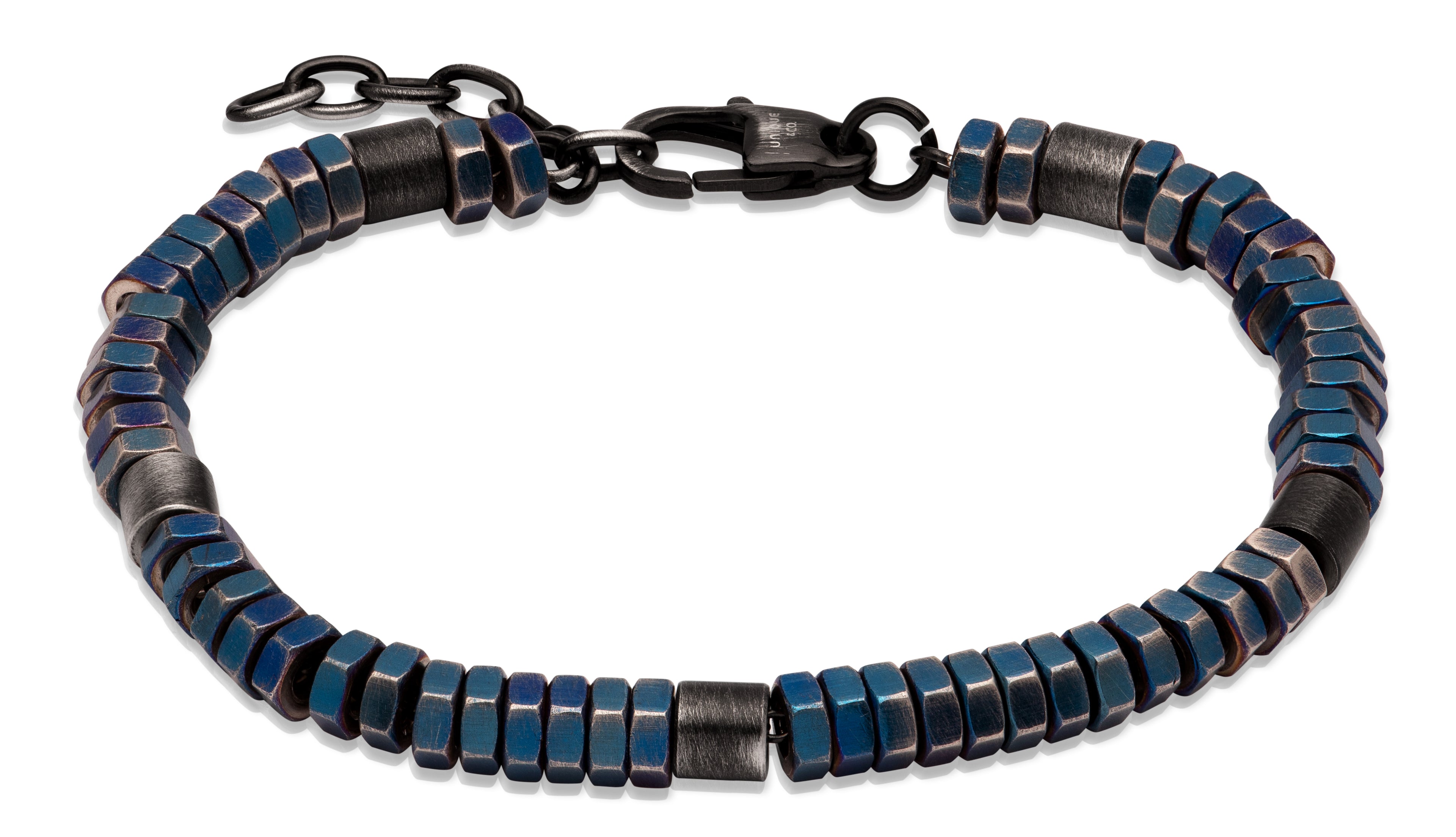 Blue and black beaded bracelet on a white background