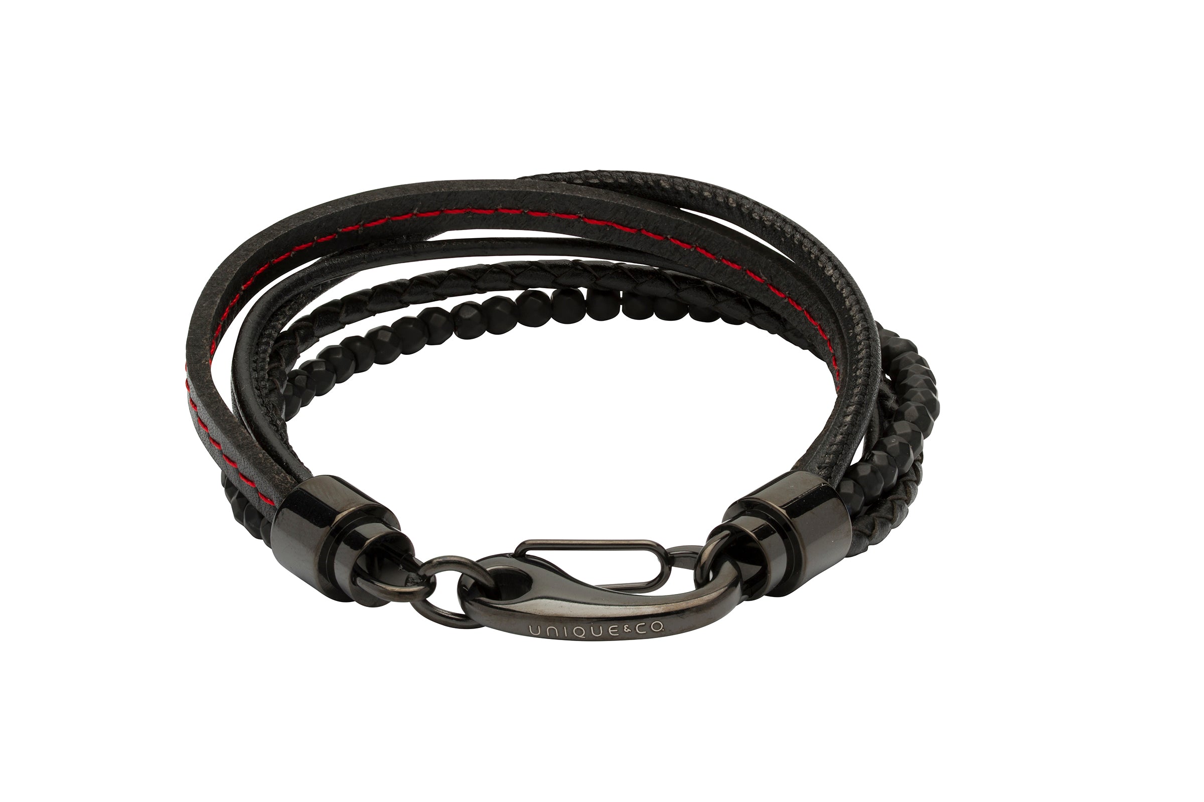 Black braided bracelet with a clasp on a white background