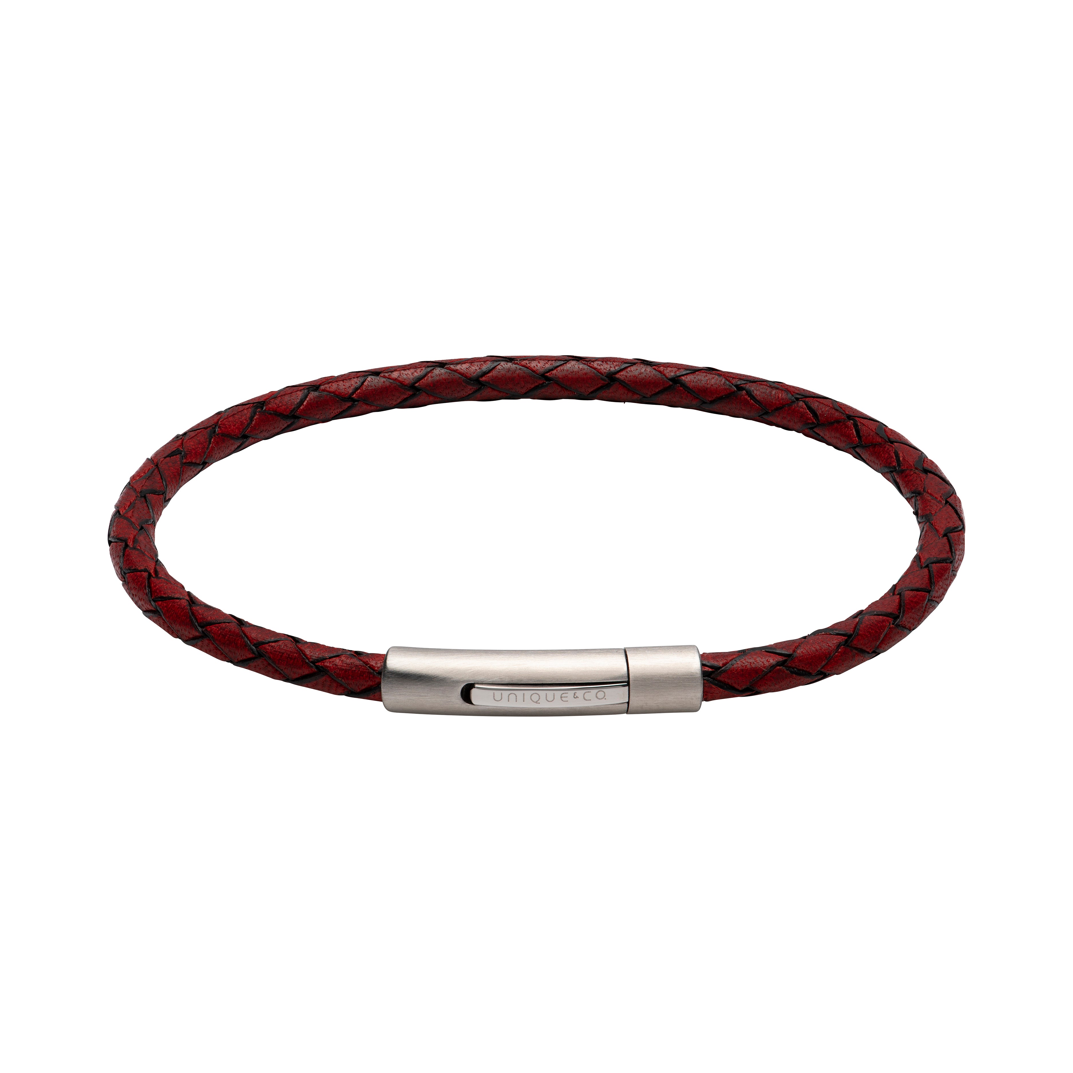 Red braided leather bracelet with a silver clasp on a white background