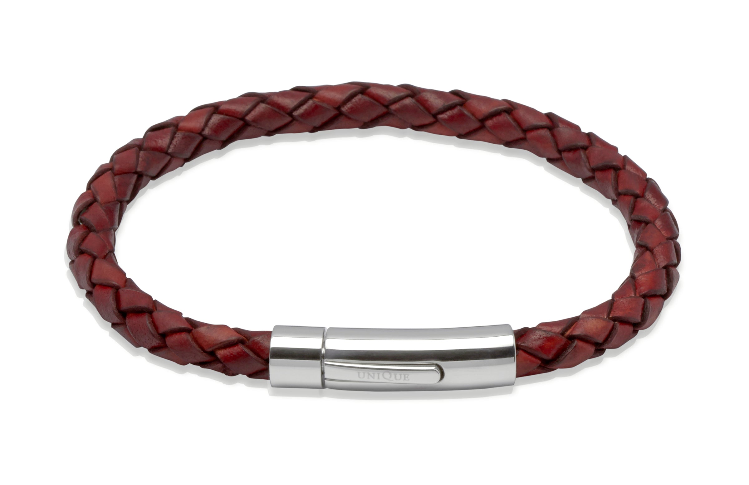 Brown braided leather bracelet with a silver clasp on a white background
