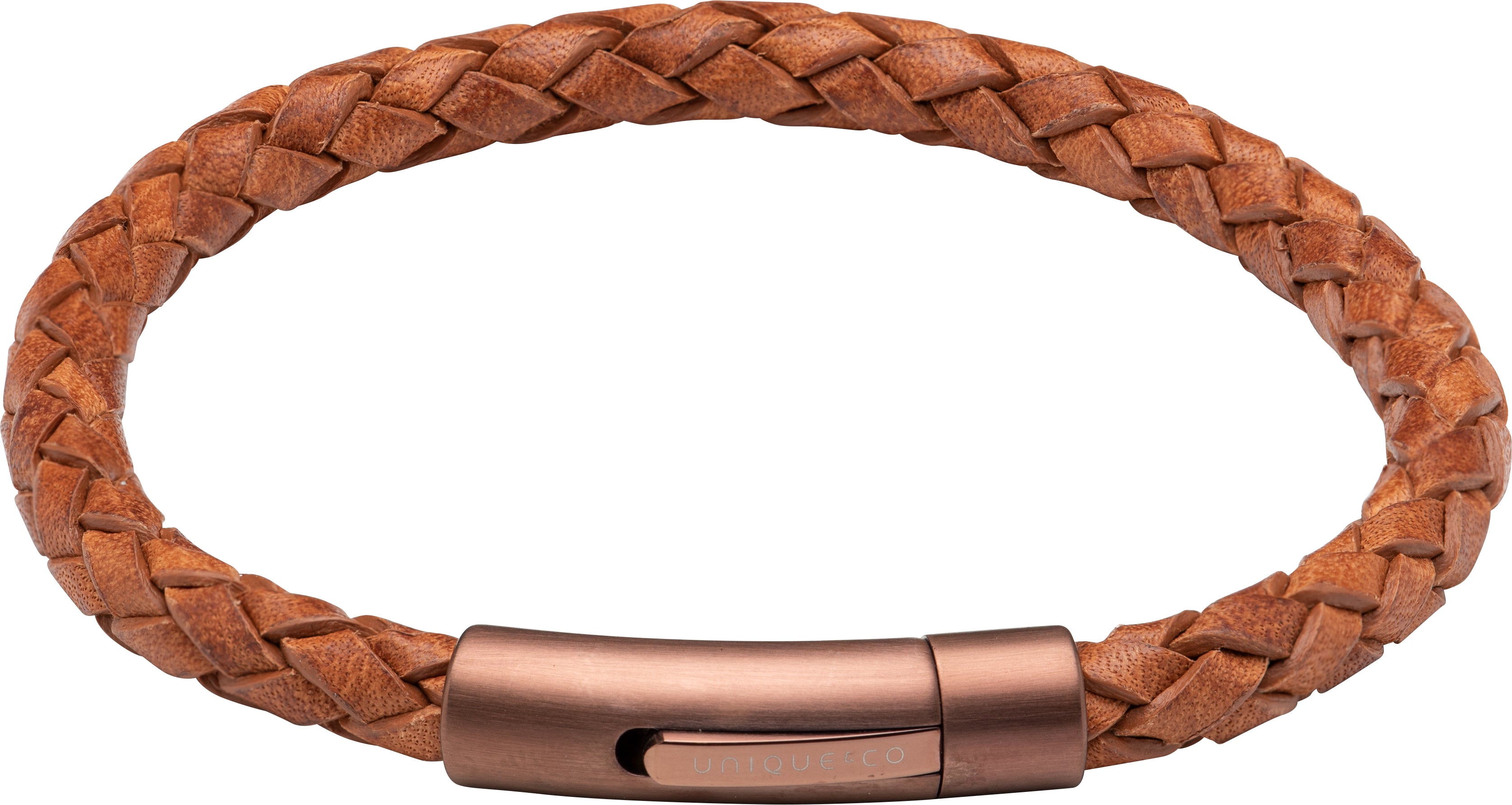 Brown braided leather bracelet with a metallic clasp on a white background