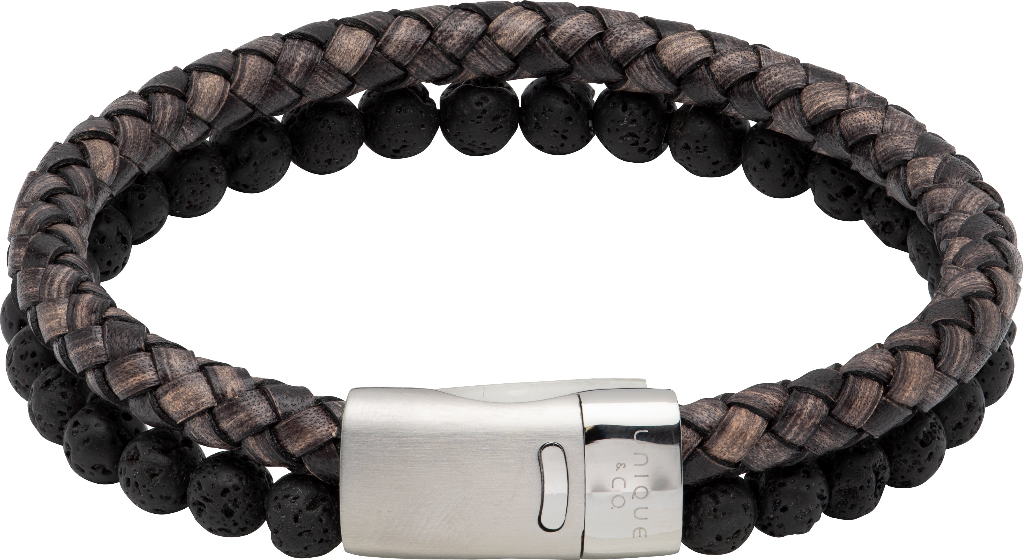 Bracelet with braided design and metal clasp on a white background