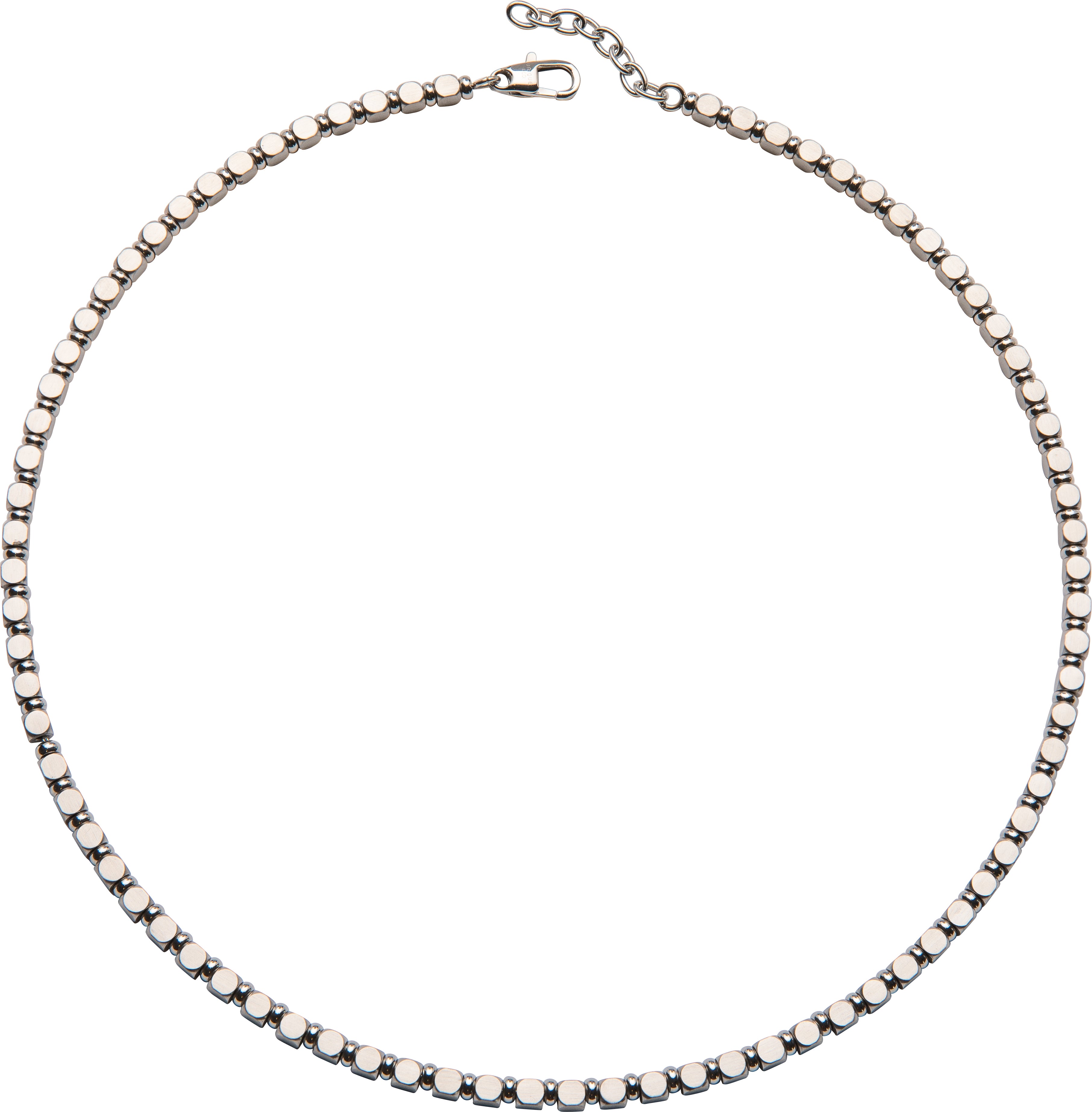 Silver beaded necklace on a white background