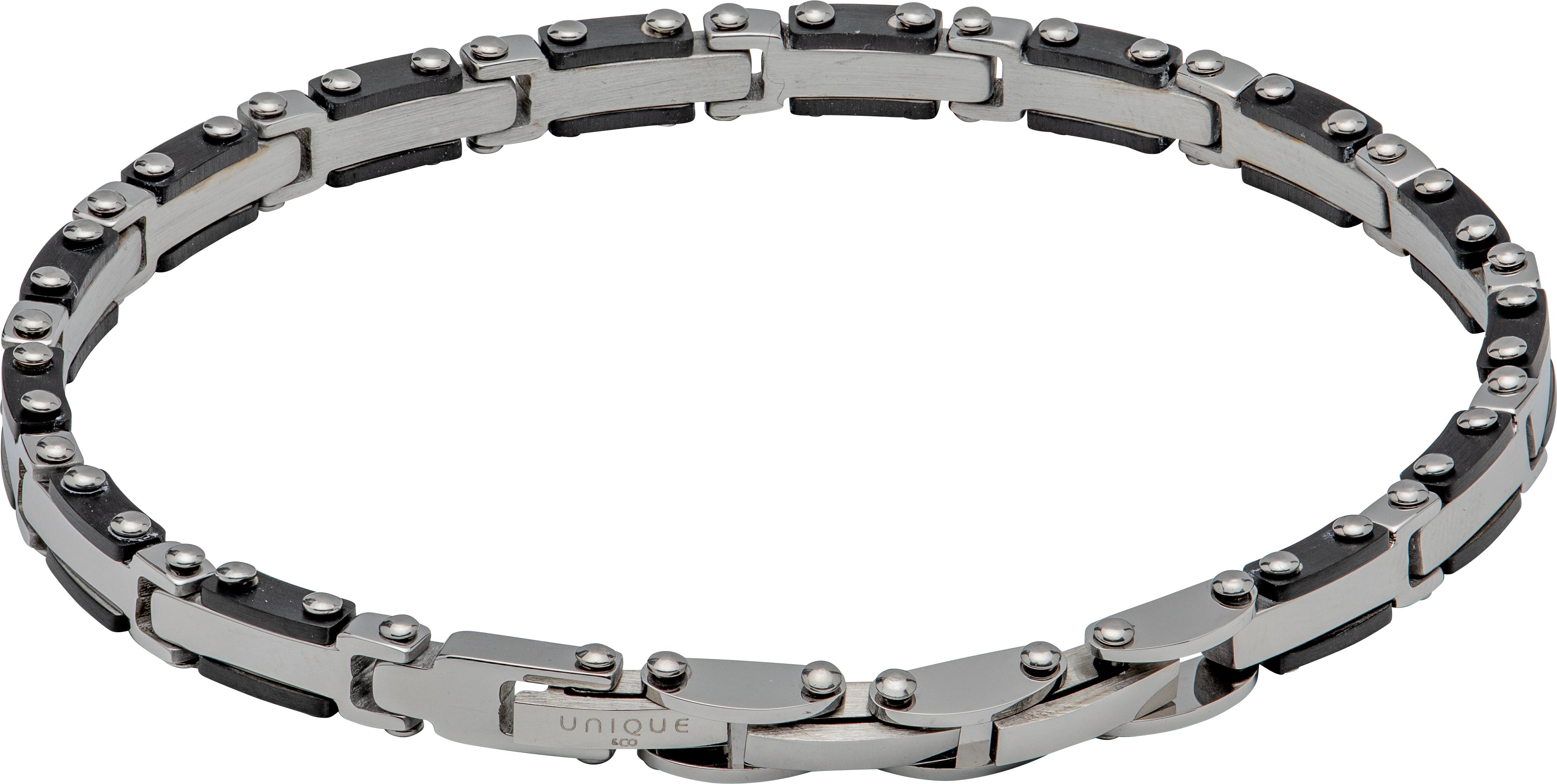 Silver bracelet with black accents on a white background