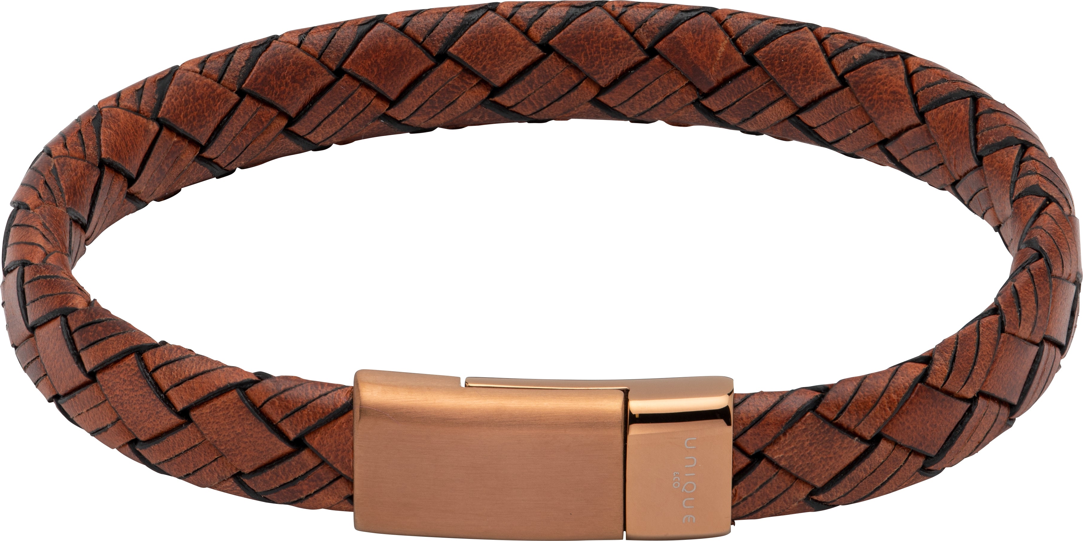 Brown braided leather bracelet with a rose gold clasp on a white background